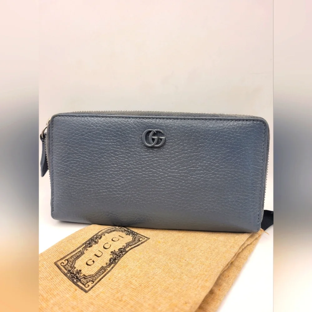 Gucci Dollar Calfskin Monochrome GG Marmont Zip Around Wallet Deep Grey NWT